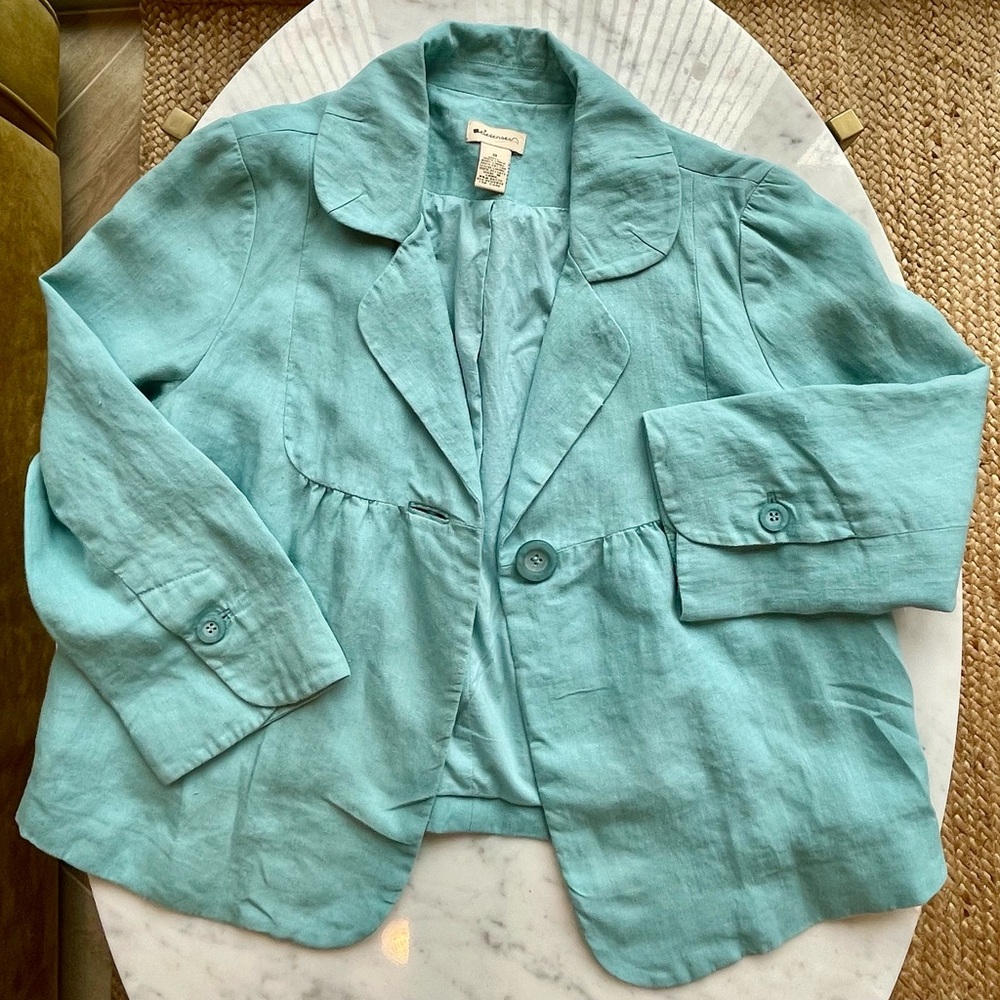 Elevenses by Anthropologie  swing-style linen blazer, single button, aqua,8, EUC - Picture 6 of 11